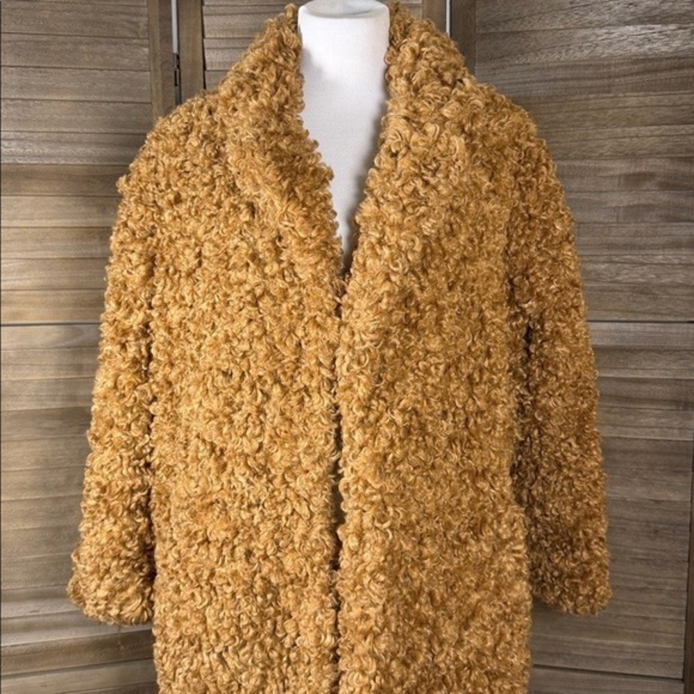 C/MEO COLLECTIVE Womens S Mustard Tan Curly Faux Fur Teddy Coat Notched Lapel - Picture 3 of 9
